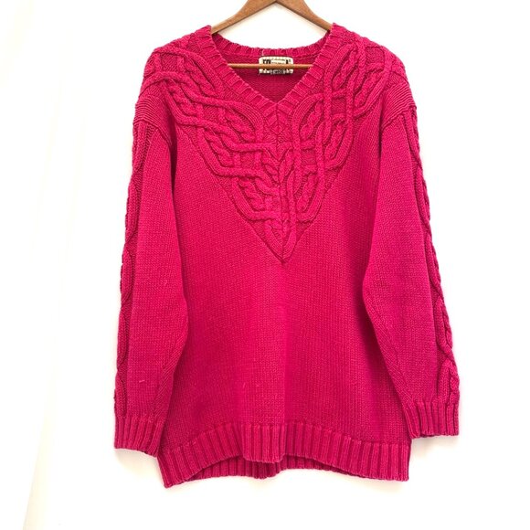Vtg 80s 90s Forenza Womens Cable Knit V-Neck Sweater Sz M Pink Chunky Retro - Picture 1 of 10